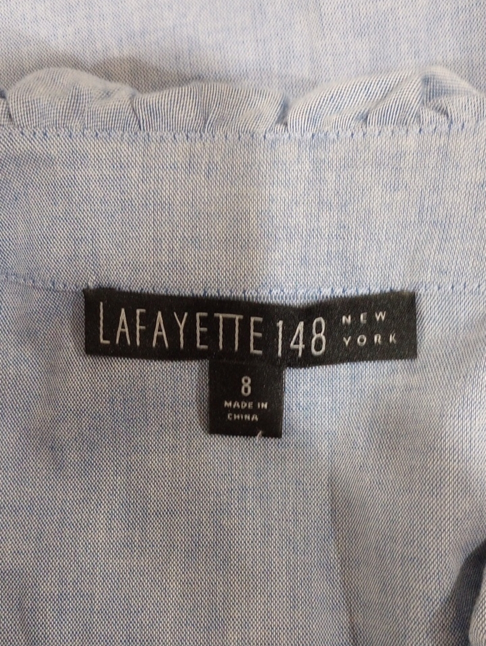 Lafayette 148 Blue Button Front Sleeveless Cotton Blouse Ruffled Collar, Size 8 - Picture 9 of 10